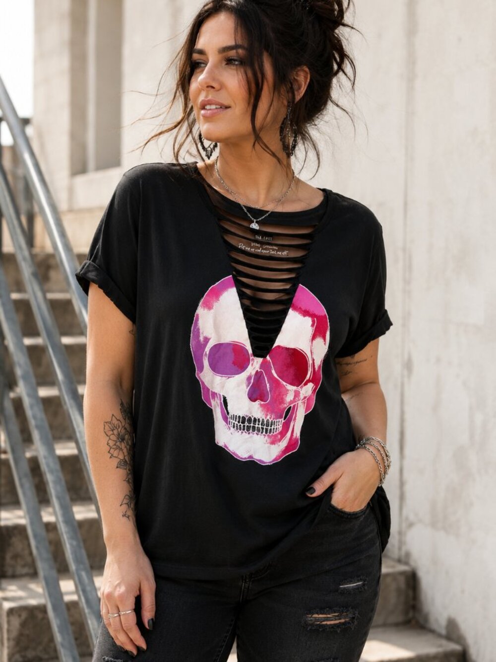 torrid Black Short Sleeve Tee with Pink & White Skull Graphic